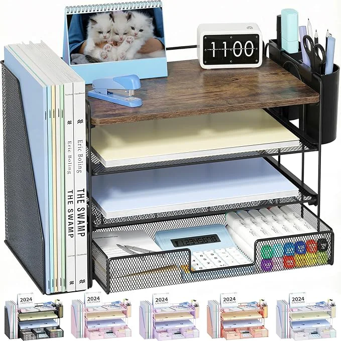 Modern OPNICE Wood Desk Organizers and Accessories 4-Tier Desktop File Organizer with Drawer and 2 Pen Holders Office Desk Accessories Workspace Organizers for Office Supplies Wood About ThisOverview Fine Crafted