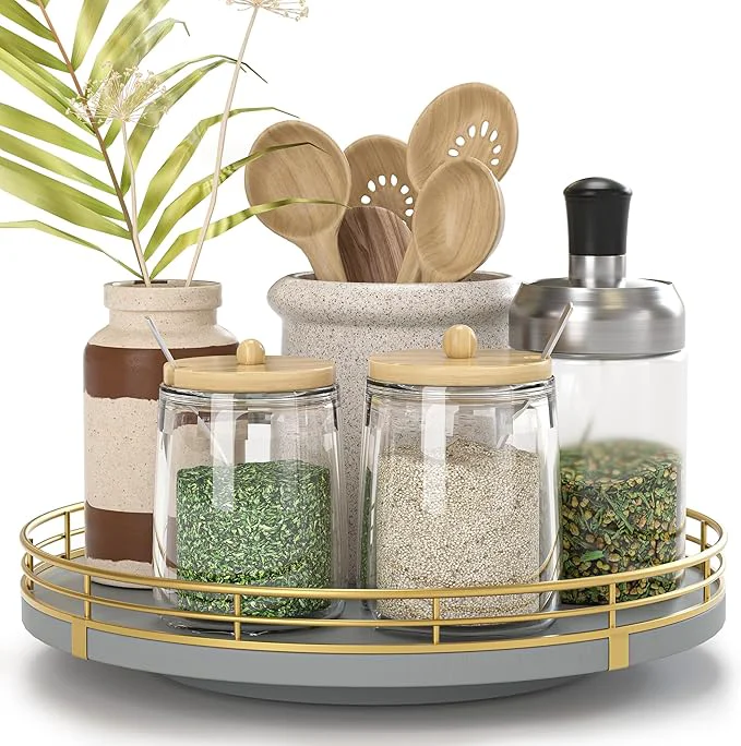 Excellent 9 Wooden Lazy Susan Turntable for Cabinet – Rotating Spice Rack Organizer Small Gray Kitchen Countertop Tray for Dining Table Pantry StorageAbout ThisOverview Practical