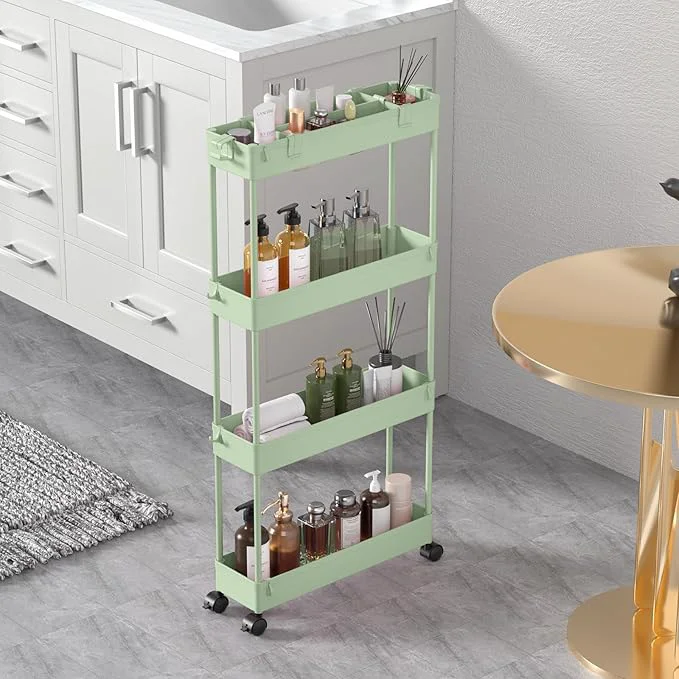 Trendy SPACELEAD Slim Storage Cart 4 Tier Bathroom Organizer Rolling Utility Mobile Shelving Unit Slide Out for Office Kitchen Laundry Room Narrow Places，GreenAbout ThisOverview Crafted