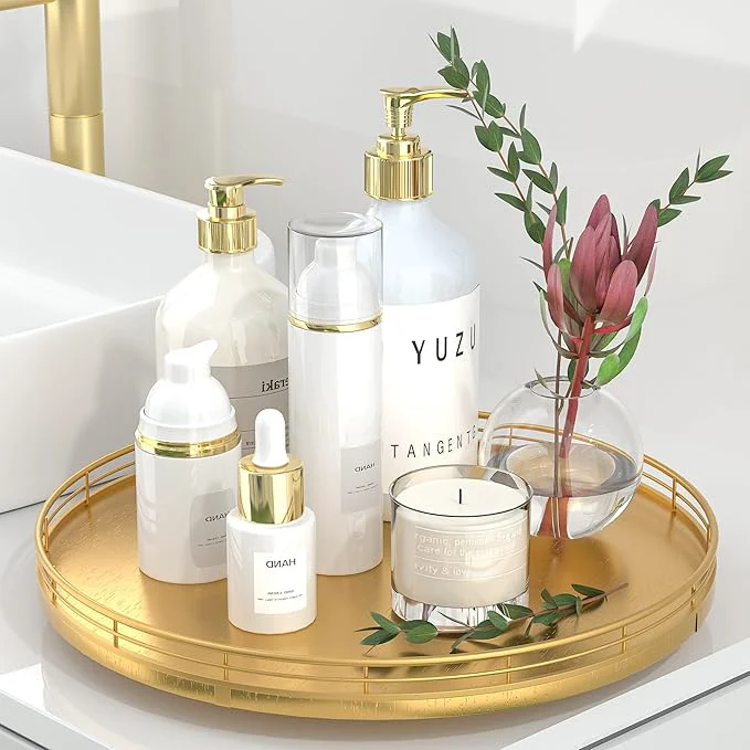 Durable 13 Gold Lazy Susan for Table Top Oak Wood Lazy Susan Turntable Organizer for Dining Coffee Table Centerpiece Bar Decor Kitchen Countertop Bathroom Vanity Decorative Tray for Perfume Jewelry RoundAbout ThisOverview Unique