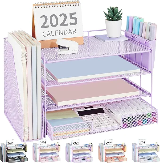 Soft OPNICE Desk Organizer 4-Tier Desktop File Organizer with Drawer and 2 Pen Holders Office Desk Accessories File Sorters Workspace Organizers for Office Supplies Purple About ThisOverview Eco-Friendly