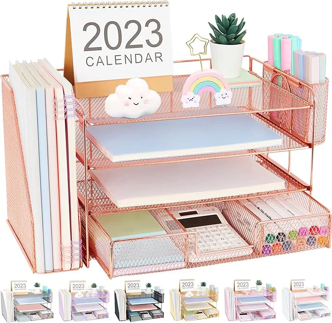 Practical OPNICE Desk Organizer 4-Tier Desktop File Organizer with Drawer and 2 Pen Holders Office Desk Accessories File Sorters Workspace Organizers for Office Supplies Rose Gold About ThisOverview Secure