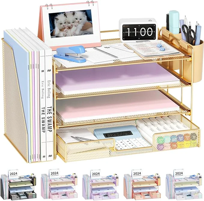 High-Performance OPNICE Desk Organizer 4-Tier Desktop File Organizer with Drawer and 2 Pen Holders Office Desk Accessories File Sorters Workspace Organizers for Office Supplies Gold About ThisOverview Verified