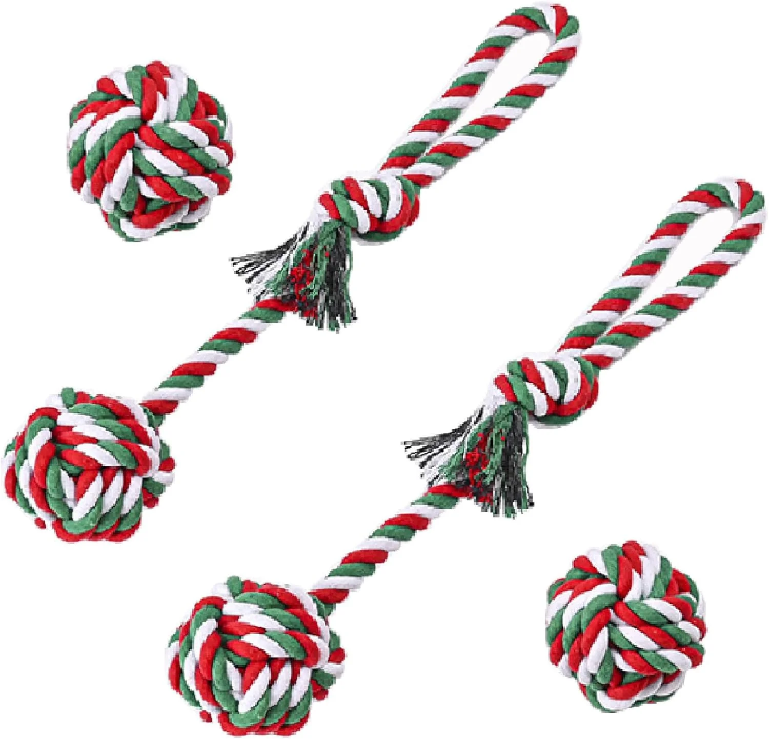 Responsible Chew Toys for Small and Medium Dogs - Teeth Cleaning Gum Massage Boredom Relief - Christmas Ball Rope Toy Set of 4 Original Design