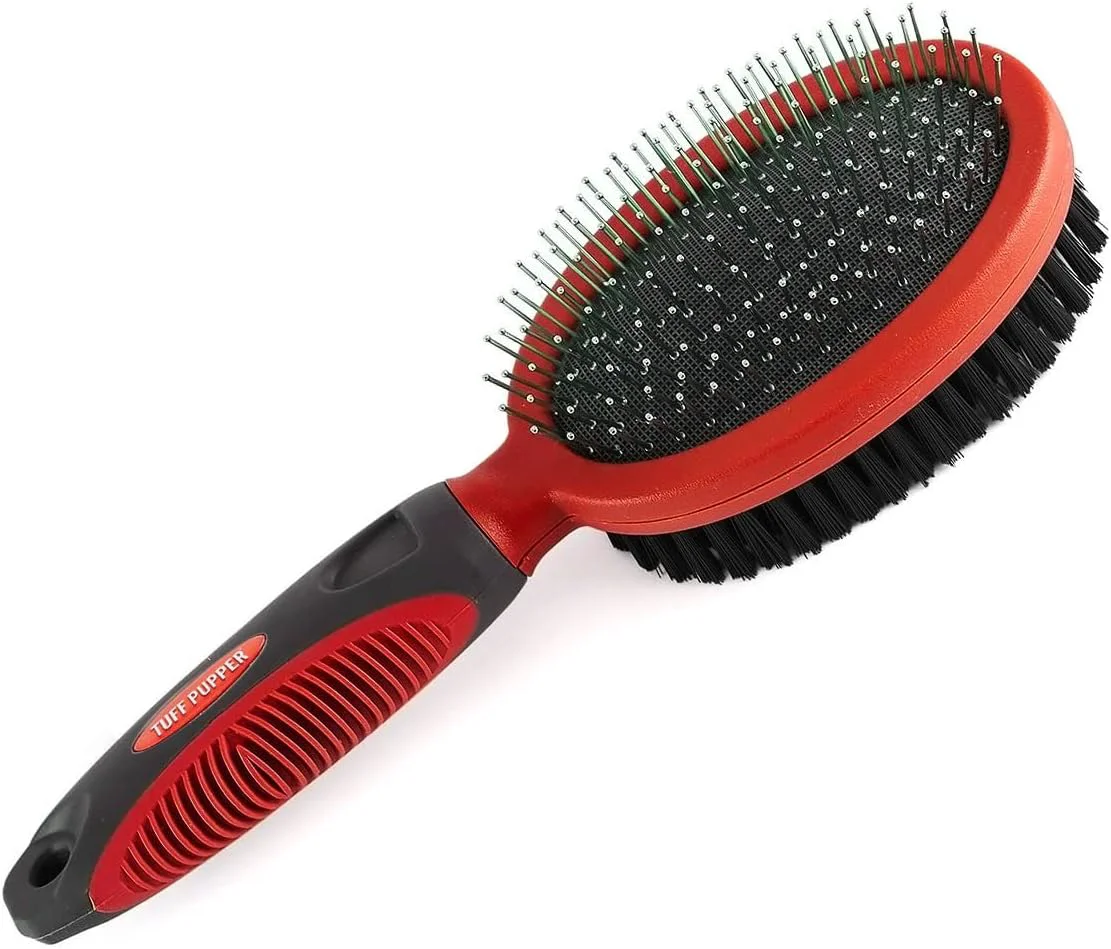 Smooth Tuff Pupper Double Sided Dog Brush Detangling Tool for Dogs and Cats Pin Bristle Pet Brush for and Hair Types With Comfort-Grip Anti-Slip Handle Brown Black White Refined