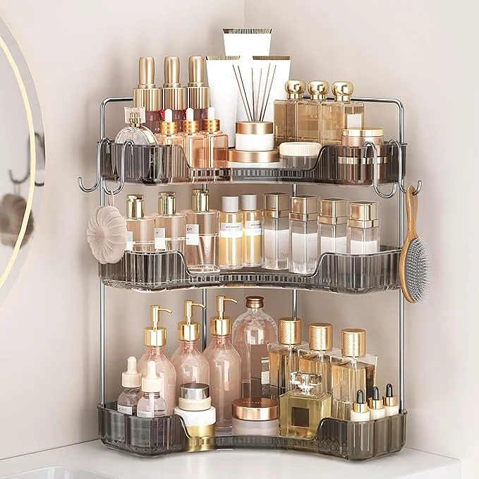 User-Friendly 3-Tier Corner Organizer with Hooks Gray PET Counter Storage Multi-Purpose for Bathroom Skincare Kitchen OrganizationAbout ThisOverview Carefully Designed
