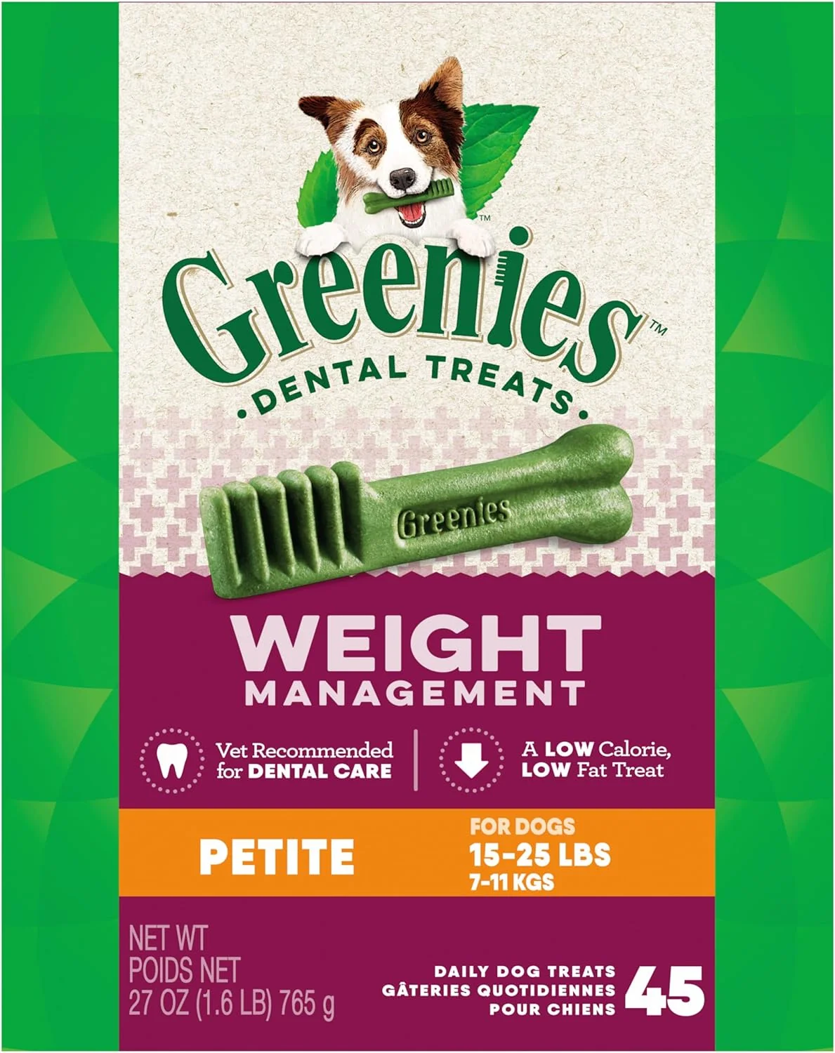Authentic Greenies Weight Management Petite Dog Dental Chews Weight Control Dog Treats 27 oz. Pack 45 Treats Premium