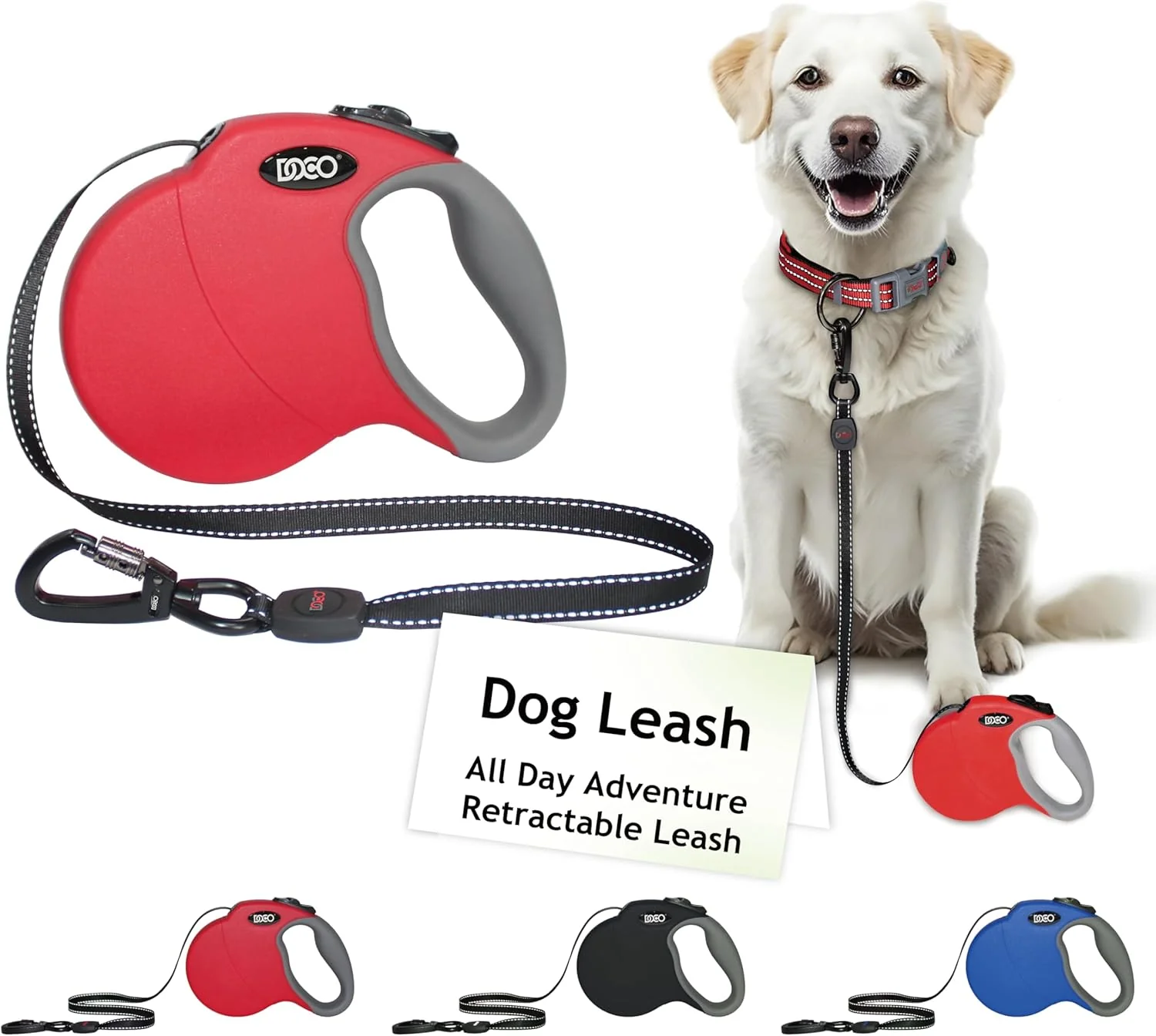 Traditional DOCO Retractable Dog Leash for Large Dogs Length - 13ft Weight - Upto 22lb Reflective Tape Lead with Stop and Lock Control Tangle 360° Swivel Snap Anti-Slip Grip Red Small Artisan