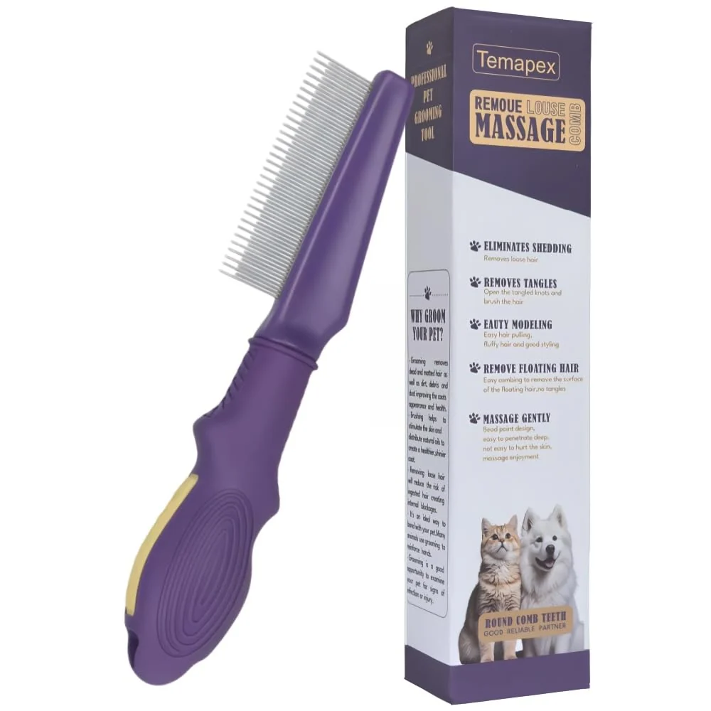 Long-Lasting Pet Comb for Dogs Cats with Long Short Stainless Steel Metal Teeth For Shedding and Tangles Non-Slip Anti-Static Rubber Handle Safe Gentle Pet Grooming Comb Sophisticated