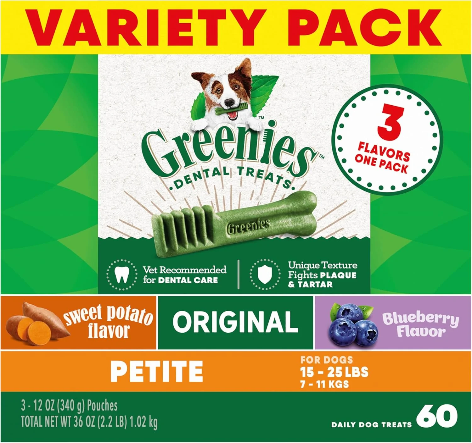 Expertly Made Greenies Petite Dental Dog Treats 3-Flavor Variety Pack 3 12 oz. Pouches 60 Total Treats Prestigious