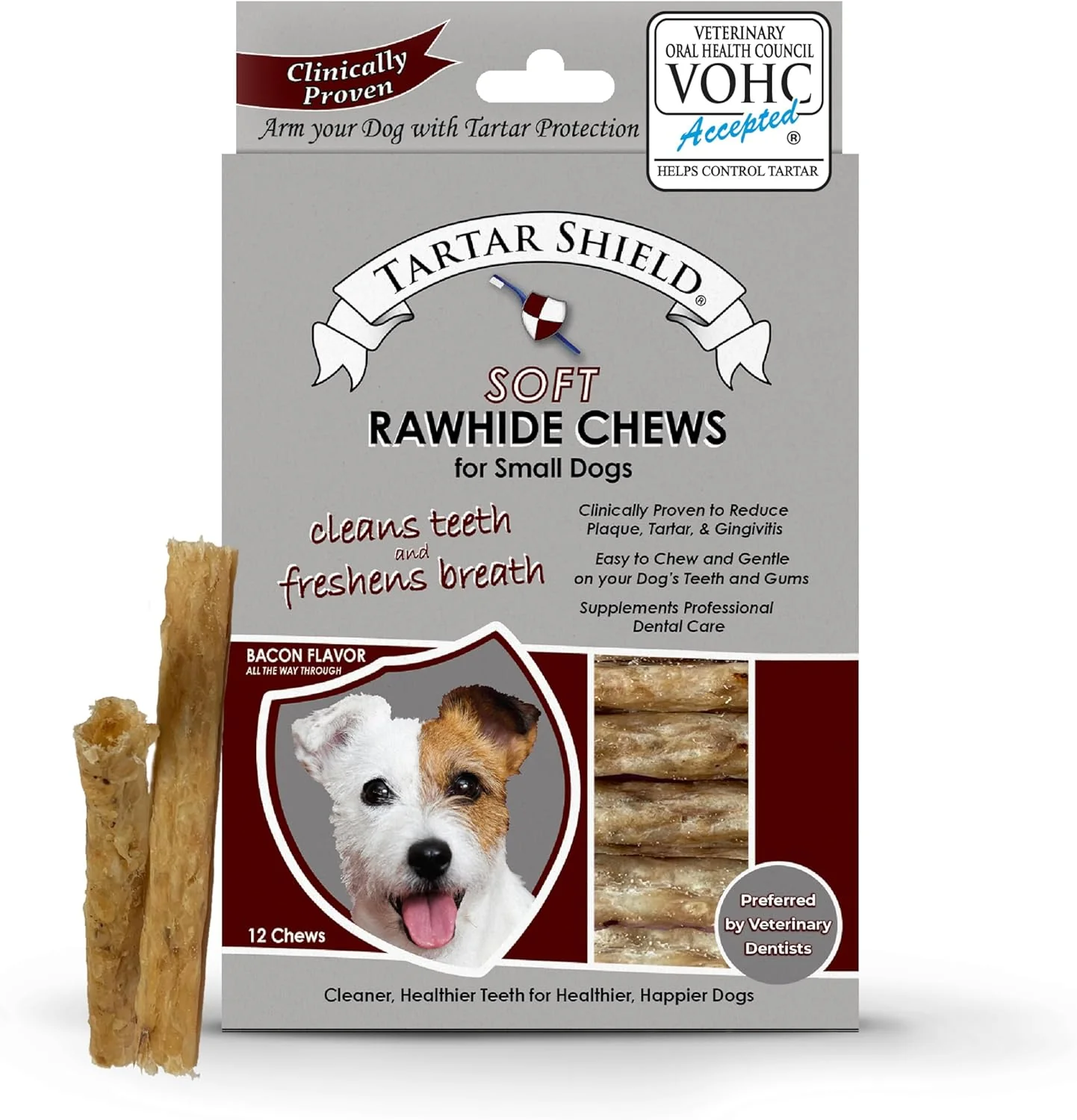 Effective Tartar Shield Soft Rawhide Chews Safe Dental Treats for Small Dogs Vet VOHC Daily Bone Cleans Teeth Gums Fresh Breath Oral Health Support USA Made Small Dogs 12 Count Secure