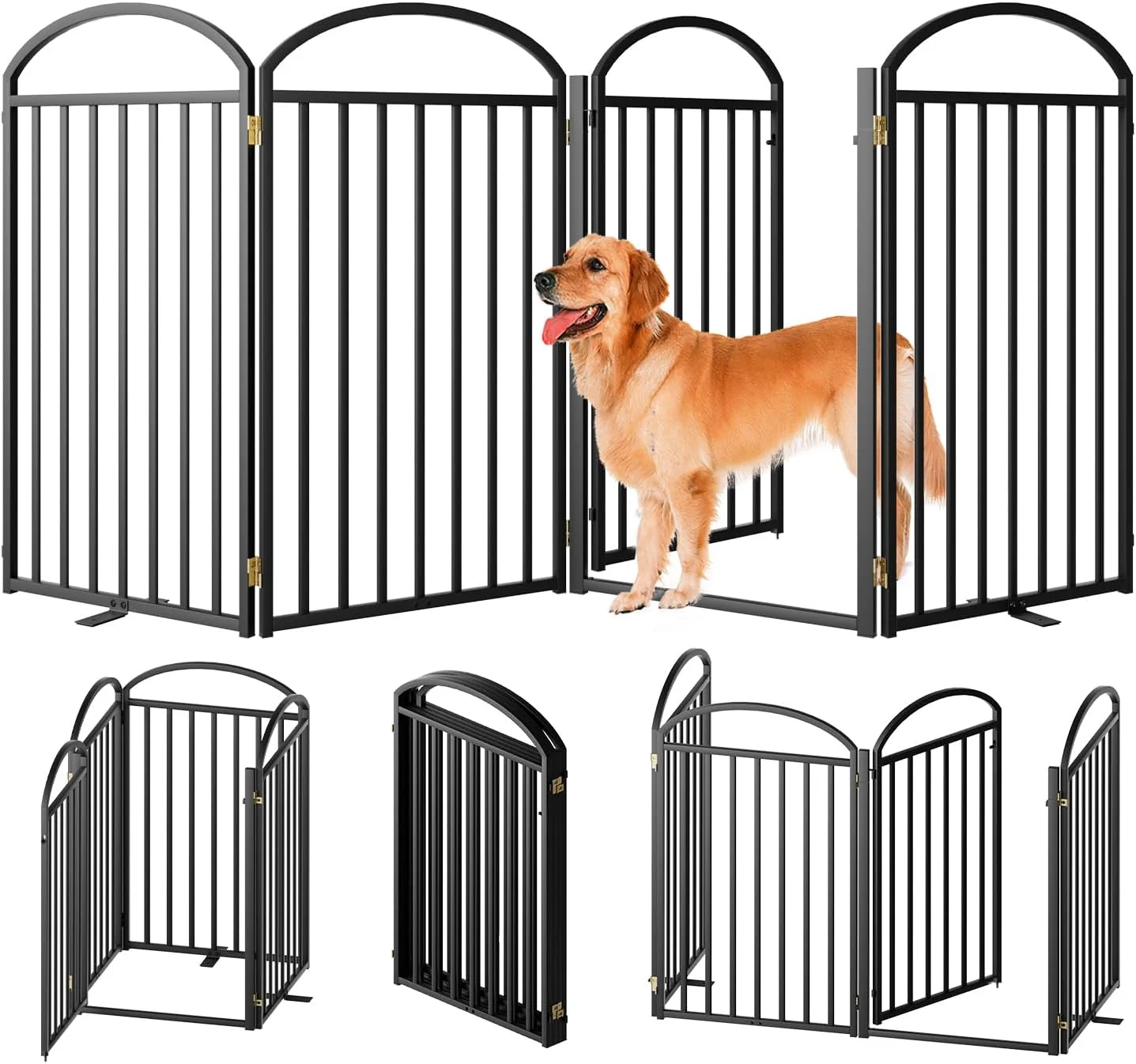 Clean 4 Panles Full Matel standing Dog Gates with Door 96 Extra Wide 36 Tall Standing Dog Pet Gate for Indoor Outdoor. Foldable Pet Fences for Doorways House Stairs Porch Deck Yard Smooth