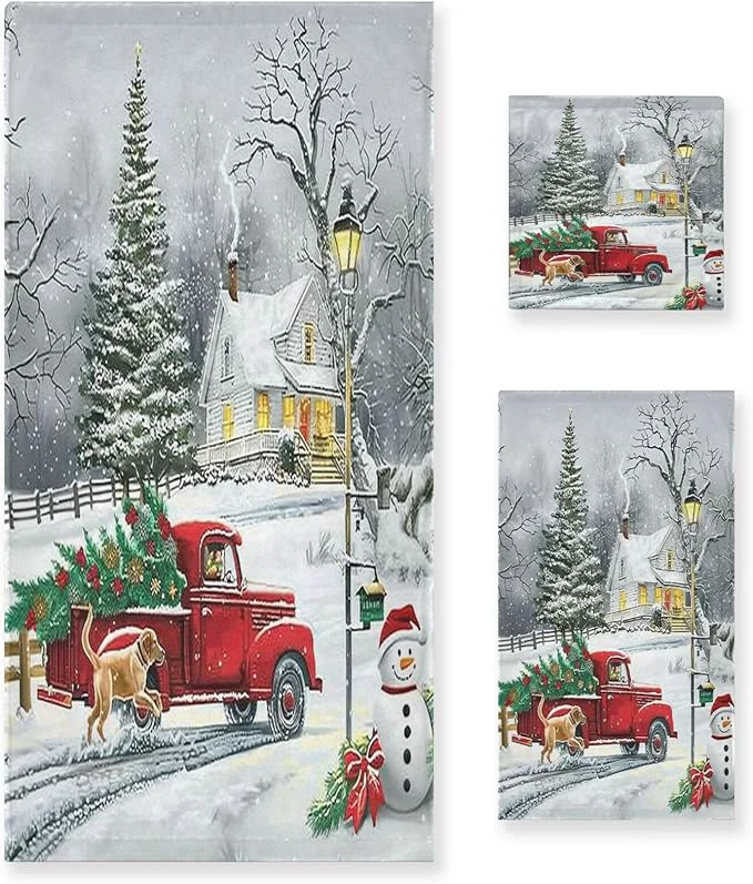 High-Grade Pfrewn Red Xmas Tree Truck Winter Snowflake Dog Towels Set of 3 Christmas Winter Bathroom Towel Soft Absorbent Bath Hand Towels Washcloth Guest Towel Sets Merry Christmas Xmas Bathroom Decor GiftsAbout ThisOverview Solid