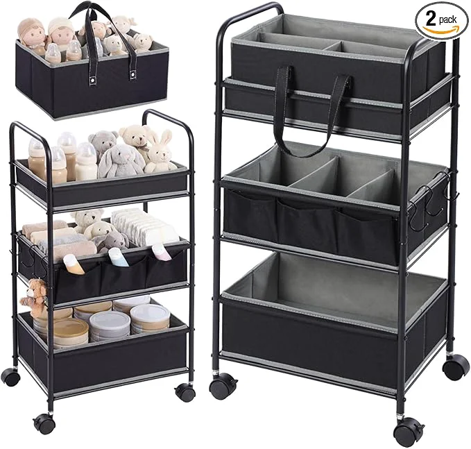 Durable Honeydak 2in1 Baby Diaper Caddy Organizer Cart 3 Tier Large Capacity Metal Utility Bedside Rolling Cart with Divider for Newborn Nursery Essential Must Have for Crib Bedroom Baby Shower Black About ThisOverview Pure