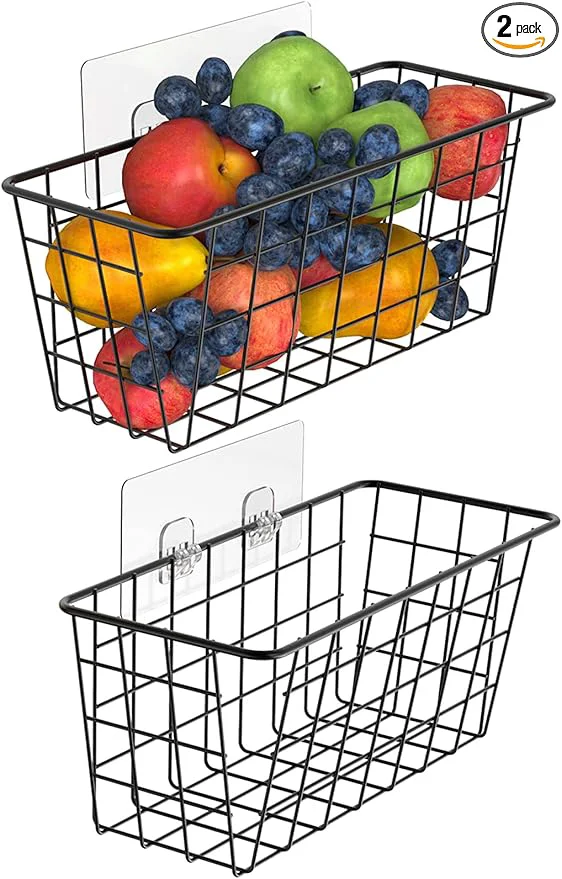 Easy-to-Use Hanging Kitchen Baskets For Storage Adhesive Small Wire Storage Baskets No Drilling Wall Mounted Shelf with Kitchen Food Pantry Bathroom Shelf Storage 2 PACK BlackAbout ThisOverview Minimalist
