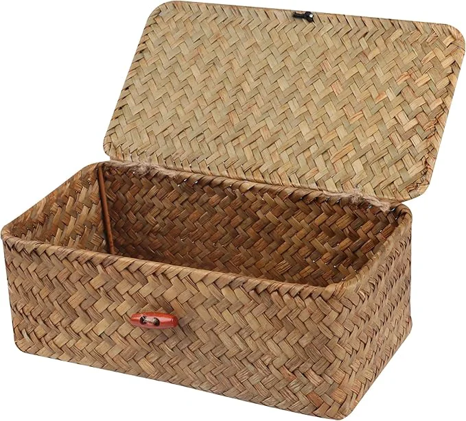 Authentic Wicker Shelf Baskets with Lid Handwoven Seagrass Basket for Storage Basket Bins Rectangular Home Organizer Gift Boxes Natural Small About ThisOverview User-Friendly