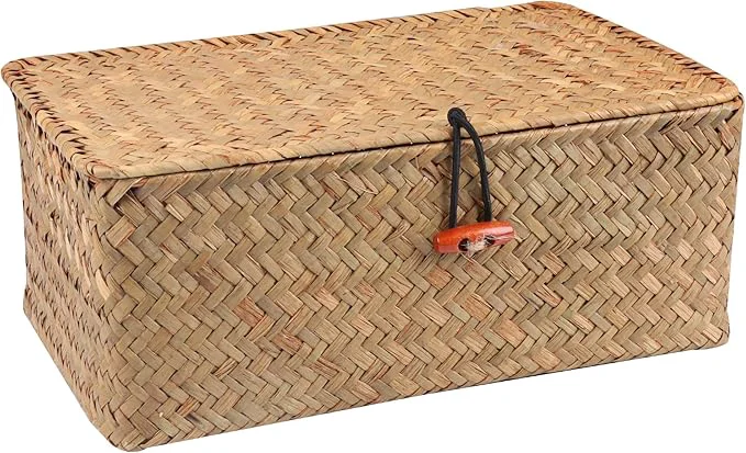 Functional Wicker Shelf Baskets with Lid Handwoven Seagrass Basket for Storage Basket Bins Rectangular Home Organizer Gift Boxes Natural Large About ThisOverview Reusable