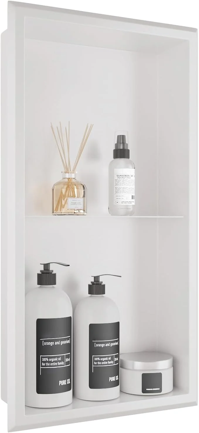 Eco-Friendly Shower Niche 12 x 24 White Bathroom Niche No Tile Needed Wall Niche Double Shelves Bathroom Organizer Modern in Wall Two-Tier Niches 304 Stainless Steel Recessed Shower ShelfAbout ThisOverview Enhanced