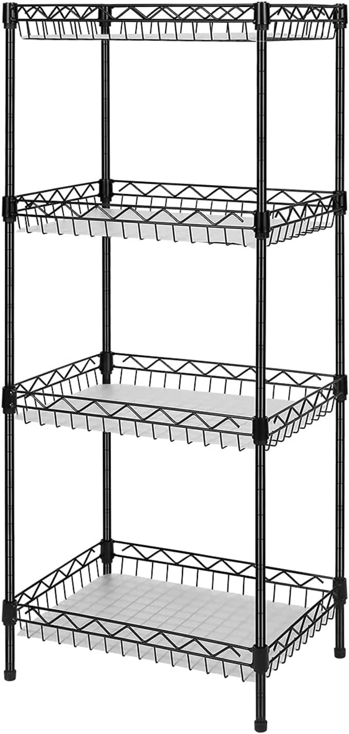 Contemporary Storage Shelves 4-Tier Wire Shelving Unit with Baskets Storage Rack Corner Shelf Shelving Adjustable Storage Shelf 11.8 D x 15.7 W x 47 H BlackAbout ThisOverview Classic