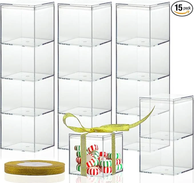 Prestigious Clear Plastic Square Cube 15 Pack Small Acrylic Plastic Storage Box with Lids Transparent Clear Square Containers Display Boxes Gift Box with Glitter Ribbon for Candy Pill Jewelry Christmas 1.8About ThisOverview Optimized