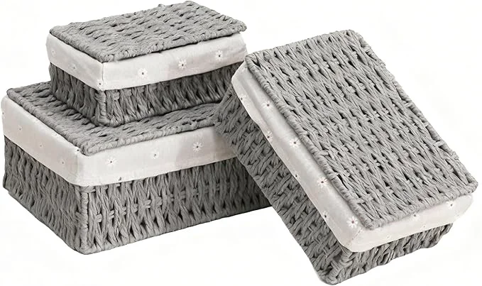 Premium Material Wicker Shelf Basket with Lid Paper Storage Baskets for Shelves Small Storage Bin with Removable Liner Nesting Decorative Woven Basket for Makeup Closet Organizer Small Grey About ThisOverview Crafted
