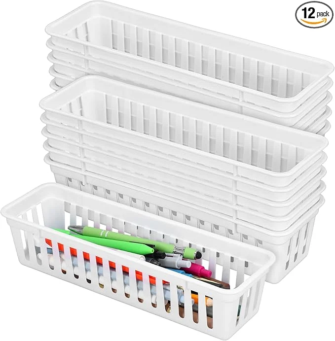Modern 12 Pack Slim Plastic Storage Baskets Tray for Organizing 10.25 x 3.25 x 2.5 Inch Small Narrow Storage Bins Stackable Drawer Pencil Trays Holder for Desk Garage Cabinet Containers White About ThisOverview Proven