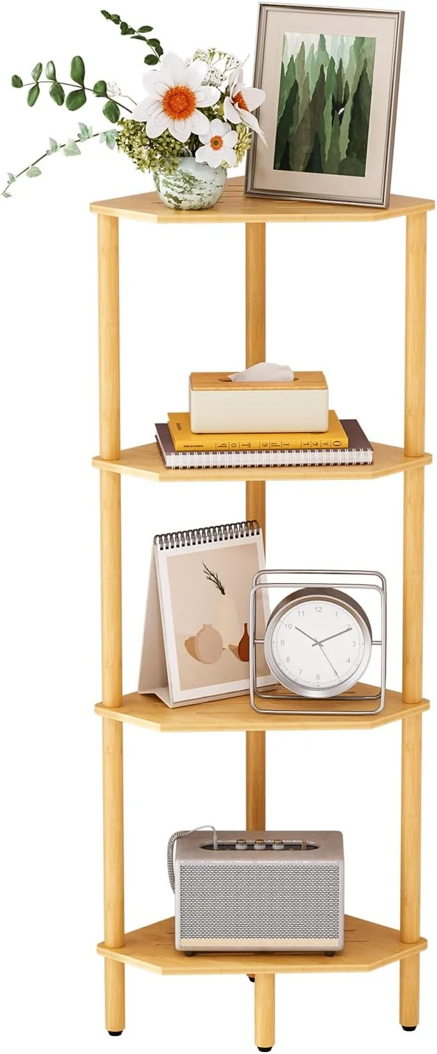 Original Corner Shelf Stand 4 Tier Bamboo Corner Bookshelf Narrow Tall Bookcase Corner Shower Caddy Open Storage Shelves Plant Display Shelf for Living Room Kitchen Office Balcony BathroomAbout ThisOverview Advanced