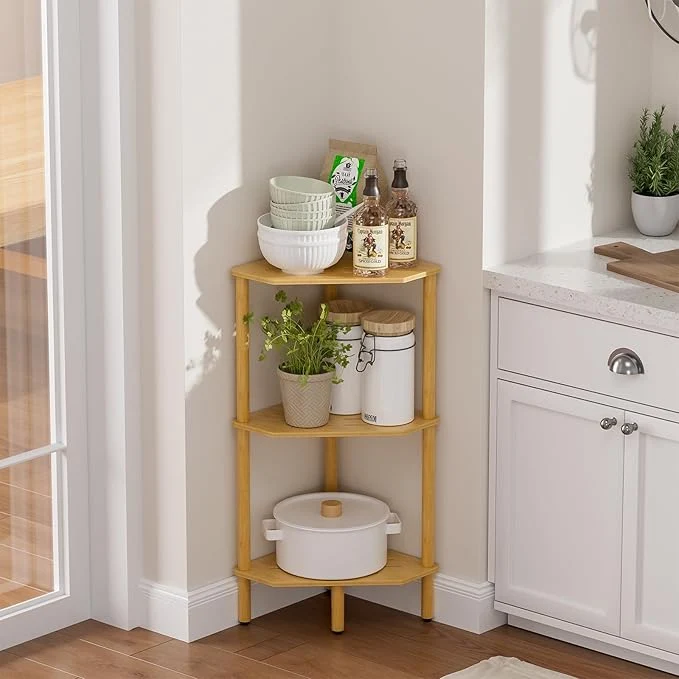 World-Class 3 Tier Bamboo Corner Shelf Storage Stand with Adjustable Feet Small Space Corner Bookcase Outdoor Plant Stand Space-Saving Organizer for Bathroom Kitchen Living RoomAbout ThisOverview Artisan