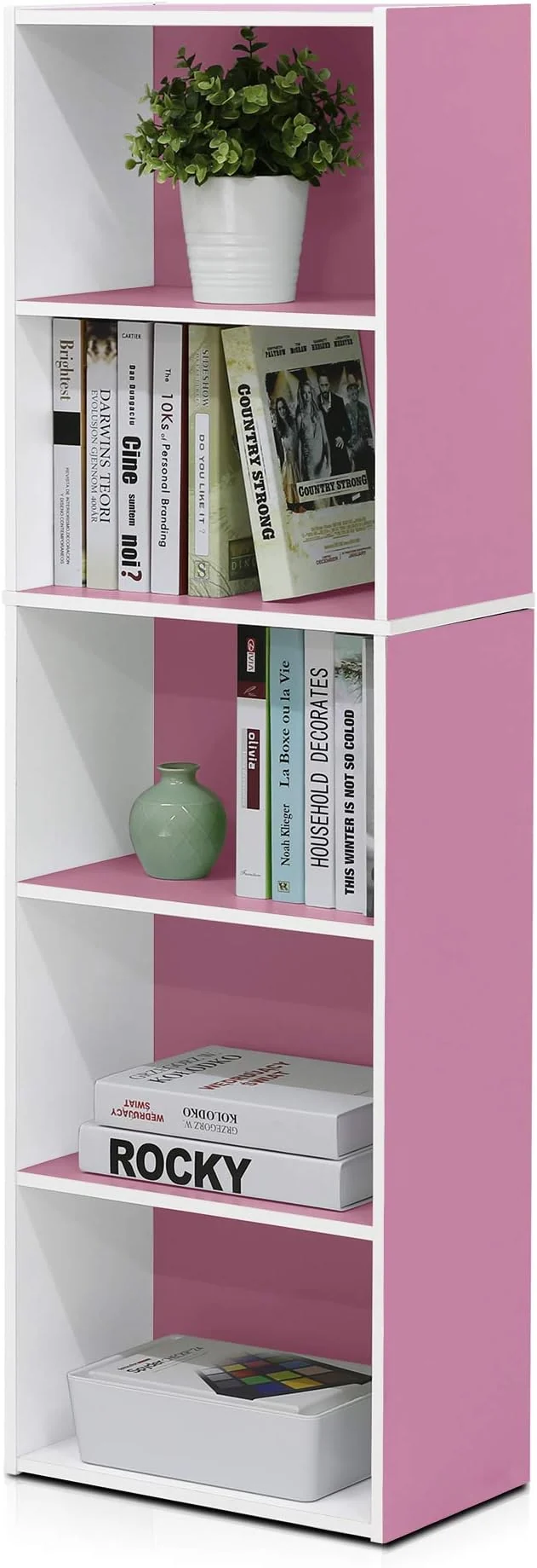 Next-Generation Furinno LUDER Book Shelf 5-Cube Bookshelf Bookcase with Open Shelf 9.4 x 15.8 x 52 for Living Room Bedroom Home Office White PinkAbout ThisOverview Reliable