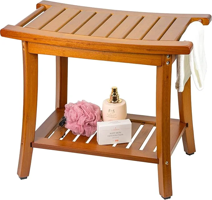 Innovative Utoplike Bamboo Shower Bench with Storage Wood Shower Stool with Handles Bathroom Seat for Towels Spa Inside Shower Brown FinishAbout ThisOverview Authentic