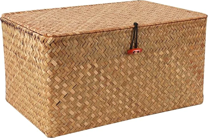Refined Wicker Shelf Baskets with Lid Natural Seagrass Storage Basket Boxes Handwoven Rectangular Baskets Bins Multipurpose Home Organizer Decor Large About ThisOverview Clean