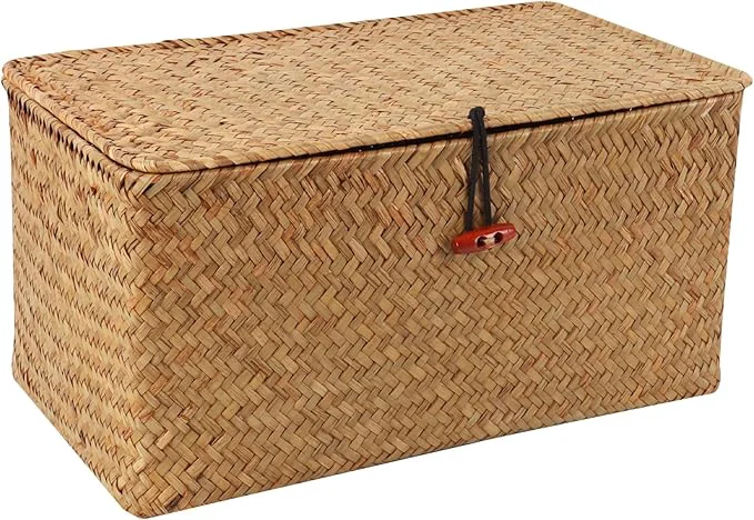 High-End Wicker Shelf Baskets with Lid Natural Seagrass Storage Basket Boxes Handwoven Rectangular Baskets Bins Multipurpose Home Organizer Decor Medium About ThisOverview Healthy