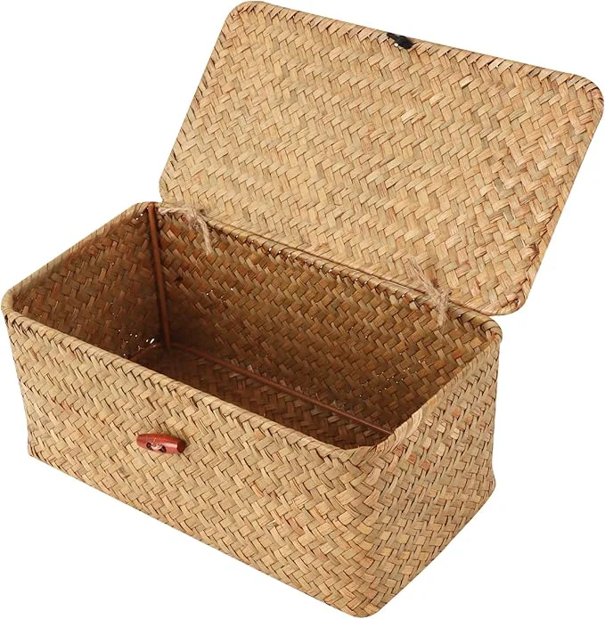 Expertly Made Wicker Shelf Baskets with Lid Natural Seagrass Storage Basket Boxes Handwoven Rectangular Baskets Bins Multipurpose Home Organizer Decor Small About ThisOverview Easy-to-Use