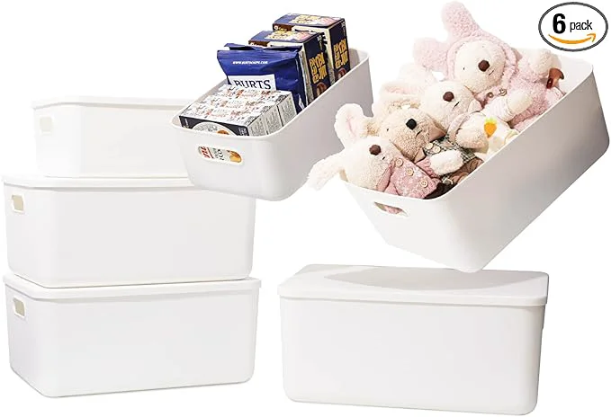 Innovative Plastic Storage Baskets Bins Boxes With Lids Organizing Container White Storage Organizer Bins For Shelves Drawers Desktop Playroom Classroom Office 6-Pack 4M 2S About ThisOverview Long-Lasting