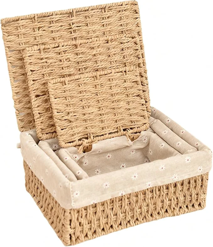 Enhanced Wicker Shelf Basket with Lid Paper Storage Baskets for Shelves Large Storage Bin with Removable Liner Nesting Decorative Woven Basket for Makeup Closet Organizer Large Khaki About ThisOverview Verified