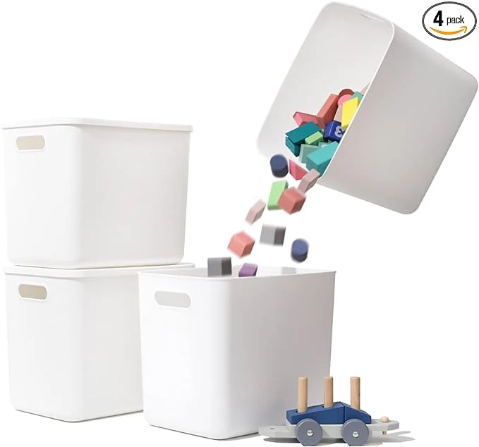 Healthy Plastic Storage Baskets Bins Boxes With Lids Organizing Container White Storage Organizer Bins For Shelves Drawers Desktop Playroom Classroom Office 4-PackAbout ThisOverview Trusted