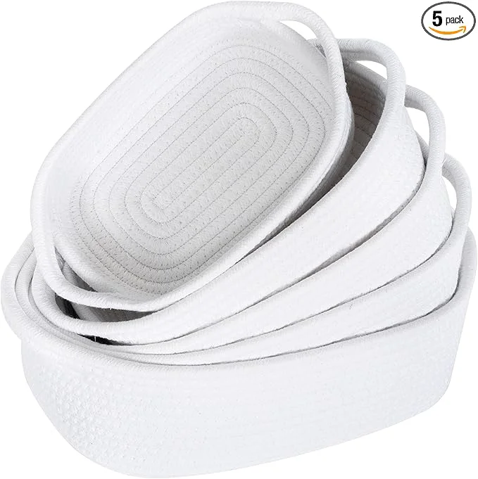 Specialty MINTWOOD Design 5-Piece Small Decorative Woven Storage Baskets Set for Shelves and Catch All Tray with Handles for Organizing Gifts Dog and Cat Toys Bathroom Accessories Full WhiteAbout ThisOverview Reliable