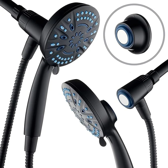 Premium AquaCare Magneton High-Pressure 8-mode Handheld Shower Head with Magnetic Guidance Docking System - 2 Magnetic Brackets 5 inch Face Hygienic Jets 6 ft. Stainless Steel Hose Matte Black FinishAbout ThisOverview Classic