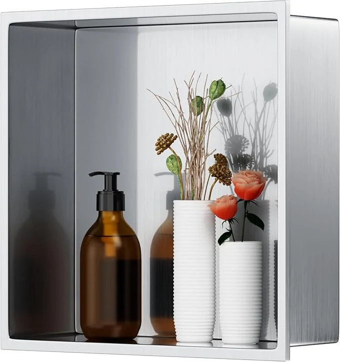 Detailed Stainless Steel Shower Niche 12 X12 No Tile Needed Recessed Inserted Wall Niche Shower for Bathroom Living Room Kitchen for Storage Brushed NickelAbout ThisOverview Lightweight