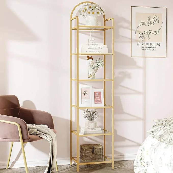 Lightweight Bookcase Bookshelf Tempered Glass Bookshelves Slim Shelving Unit for Bedroom Bathroom Home Office Steel Frame 6 Tier Gold BC10601GAbout ThisOverview Elegant