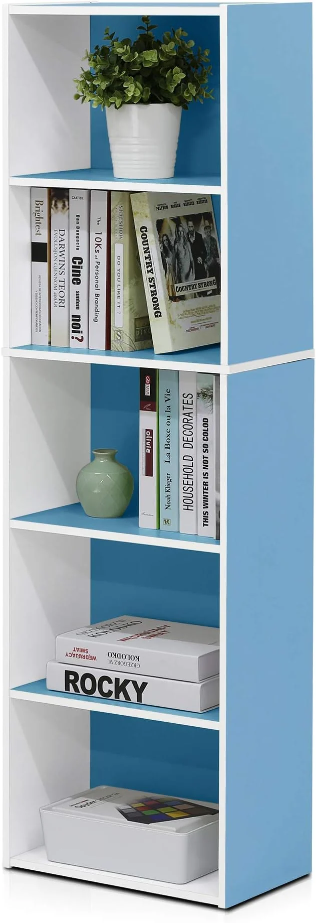 Excellent Furinno LUDER Book Shelf 5-Cube Bookshelf Bookcase with Open Shelf 9.4 x 15.8 x 52 for Living Room Bedroom Home Office White Light BlueAbout ThisOverview Innovative
