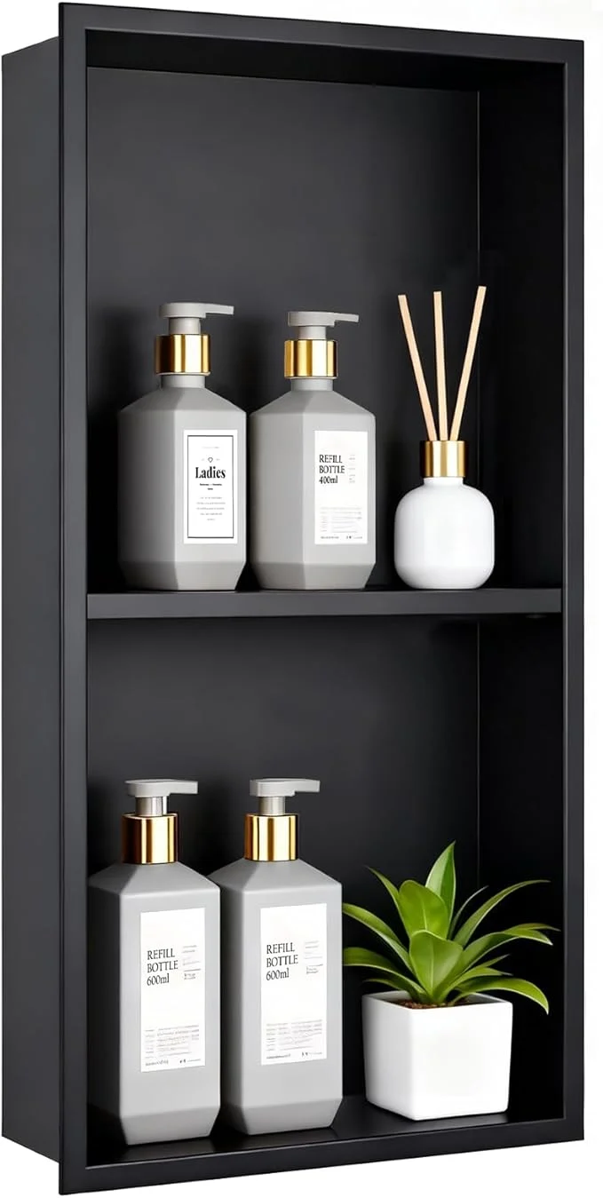 Modern EasyVibe Matte Black 304 Stainless Steel Shower Niche 24 x 12 Inch No Tile Needed Double Shelf Recessed Shower Wall Insert Waterproof Bathroom Organizer for Toiletries StorageAbout ThisOverview Quality