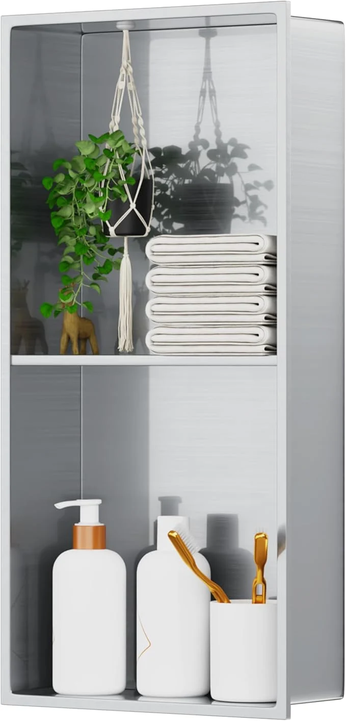 Organic Stainless Steel Shower Niche 24 X 12 No Tile Needed Niche Shower with Two-Tier Recessed Wall Niches Insert for Bathroom Kitchen Storage Brushed NickelAbout ThisOverview Modern