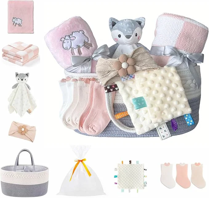 Verified CREVENT Set for Girls -Diaper Caddy Organizer Basket with 2 Blankets 1 Taggie 1 Lovey 3 Socks，1 Headband，1 Gift Bag with Ribbon - Newborn Essential Gift Set Pink About ThisOverview Trendy