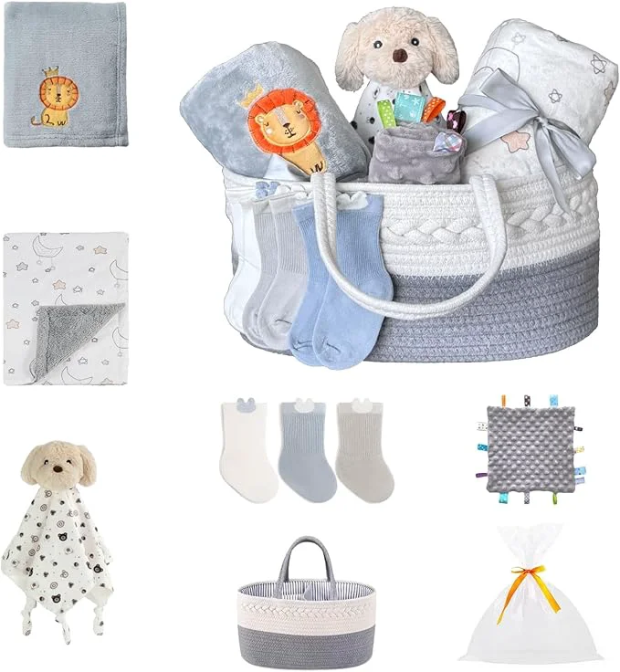 Consistent CREVENT Gift Set for Newborns -Diaper Caddy Organizer Basket with 2 Blankets 1 Taggie 1 Lovey 3 Socks，1 Gift Bag with Ribbon - Welcome Essential Baby Shower NeutralAbout ThisOverview Professional