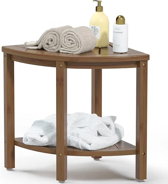 Smooth Bamboo Corner Shower Bench Waterproof Stool with Space-Efficient Storage Shelf - Shower Stool Seat for Indoor or Outdoor Use Walnut About ThisOverview Easy-to-Use
