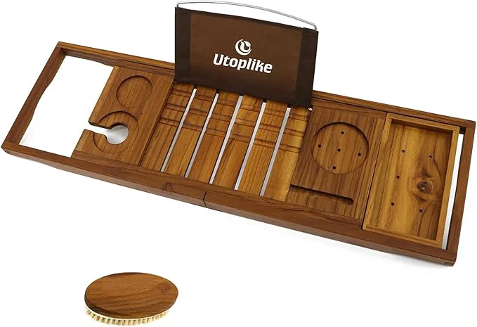 Enhanced Utoplike Teak Bathtub Caddy Tray Bath Tray for Tub Unique Bathtub Organizer with Book Tablet Wine Glass Cup Towel Holder Adjustable for Your LovedAbout ThisOverview Breathable