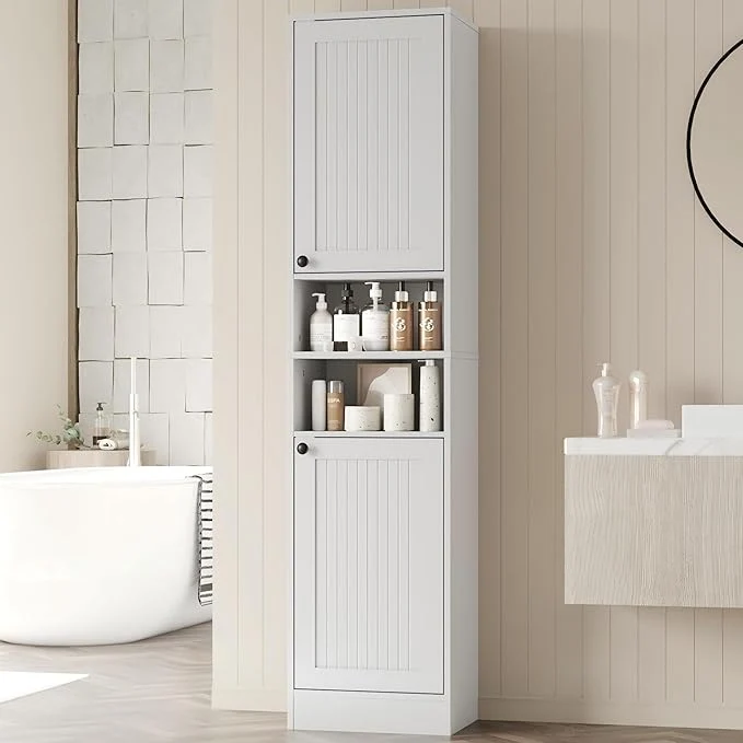 Minimalist Farmhouse Bathroom Cabinet with 2 Doors 67 Tall Slim standing Cabinet Narrow Floor Storage Unit with Open Shelf and Adjustable Shelves for Bathroom Living Room Kitchen WhiteAbout ThisOverview Quality