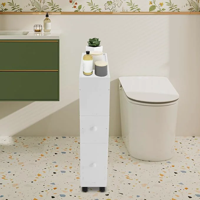 Exclusive Toilet Paper Holder Stand - Narrow Floor Storage Cabinet with Drawers for Small Bathrooms - WhiteAbout ThisOverview Casual