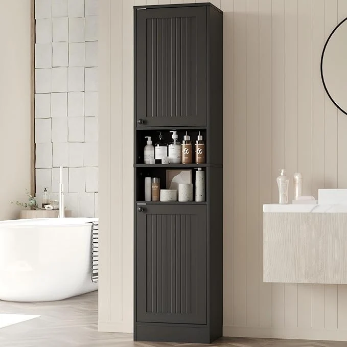 Carefully Designed Farmhouse Bathroom Cabinet with 2 Doors 67 Tall Slim standing Cabinet Narrow Floor Storage Unit with Open Shelf and Adjustable Shelves for Bathroom Living Room Kitchen BlackAbout ThisOverview Clean